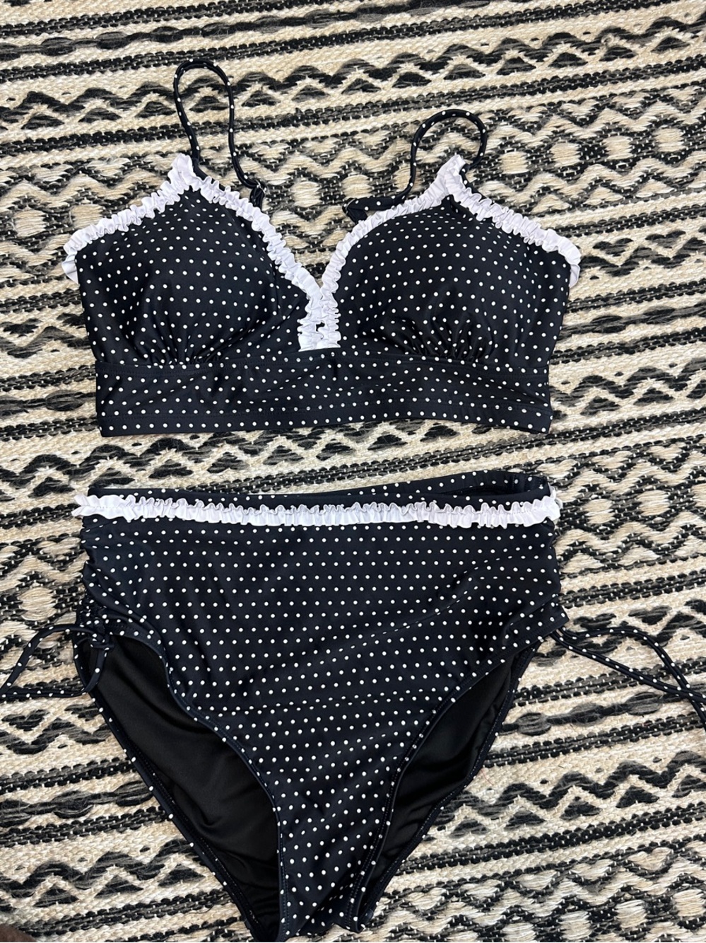 Black Polka Dot Two-Piece Bikini with White Trim
